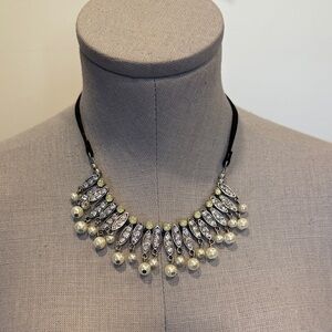 Silver-Tone Pearl & Rhinestone Statement Necklace / Bib Necklace